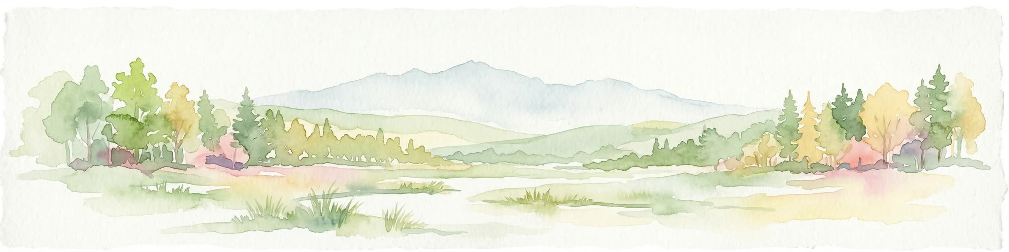 Ilustración en acuarela que muestra montañas, río y zona boscosa
