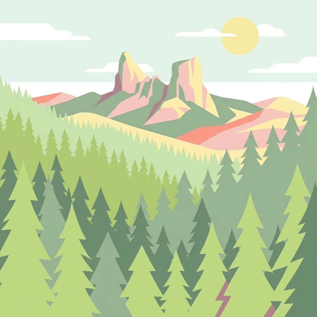 A flat, stylized digital illustration of a dense evergreen forest with jagged rocky peaks in the background under a pale sun and light blue sky.