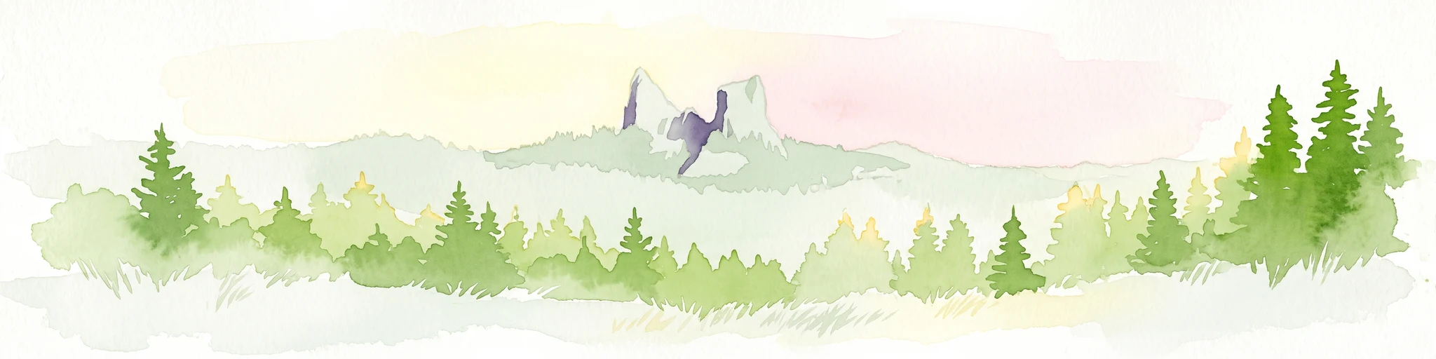 An artistic watercolor illustration showing a line of green evergreen trees in the foreground with hazy, distant mountains in the background against a light, neutral sky.