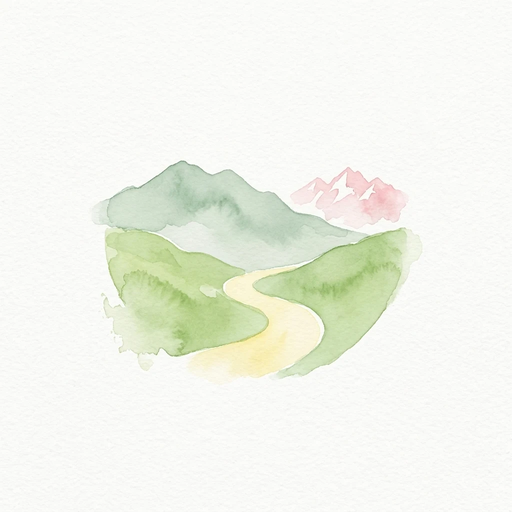 Watercolor illustration showing a winding path through green hills with pink mountain peaks in the background