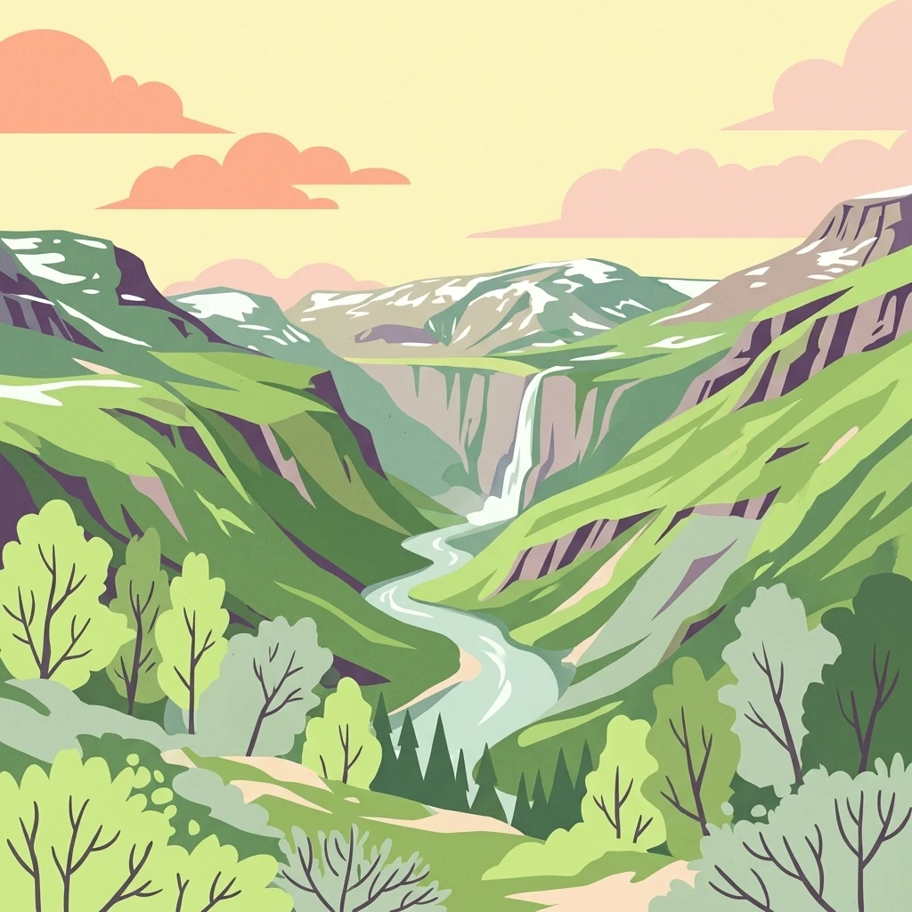 Ilustración de un valle de montaña con un río sinuoso, cascada, colinas verdes y árboles bajo un cielo parcialmente nublado