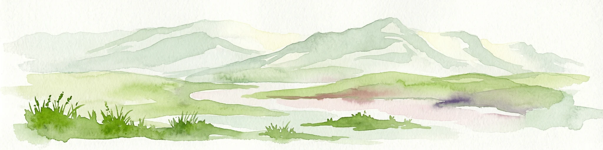 Pintura de acuarela que representa picos de montañas, un lago y áreas de hierba en primer plano