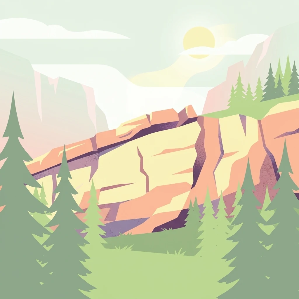 Vector-style illustration of a rocky cliffside, pine trees, and a pale sun in the sky.