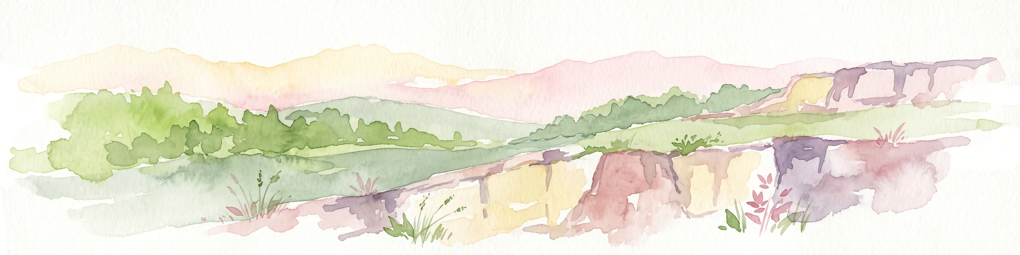 A watercolor painting showing a panoramic landscape with a rocky quarry ledge in the foreground, green hills in the midground, and soft, pastel colored rolling hills in the background.