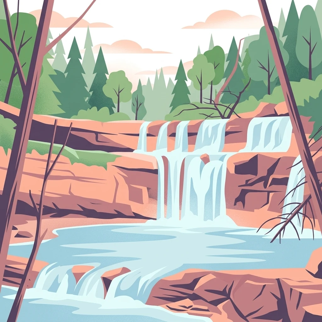 A flat-style digital illustration of a multi-tiered waterfall cascading over rocky ledges into a pool, surrounded by a dense forest.