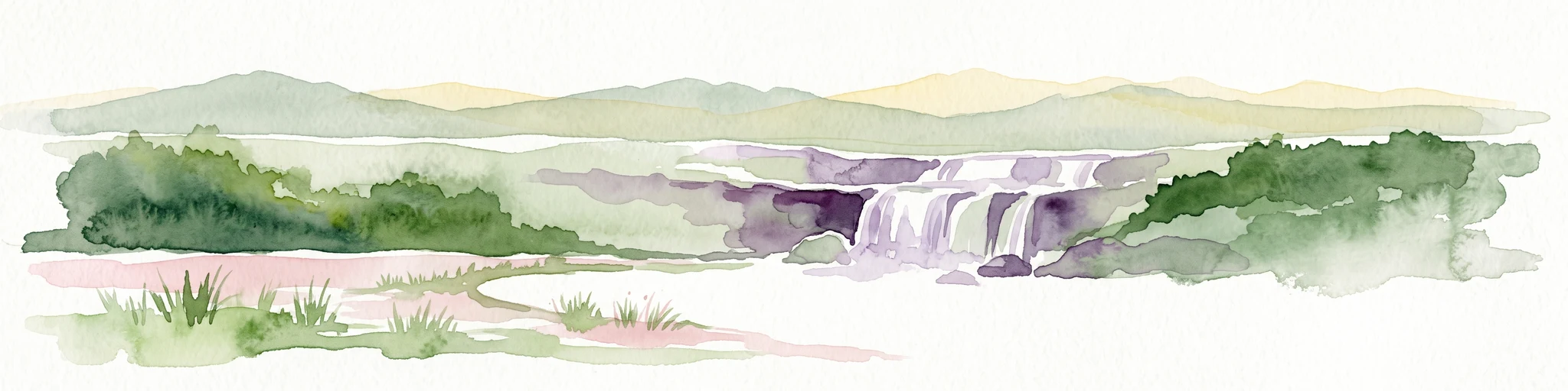 Watercolor illustration of a lush natural ravine with a small cascading waterfall, surrounded by green forest slopes and distant rolling hills.