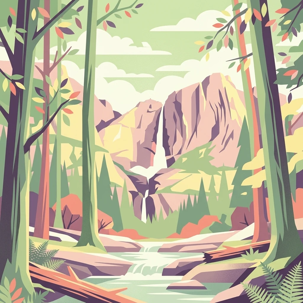 An artistic digital illustration of a forested mountain valley with a waterfall cascading down a cliff face, seen through foreground tree trunks.
