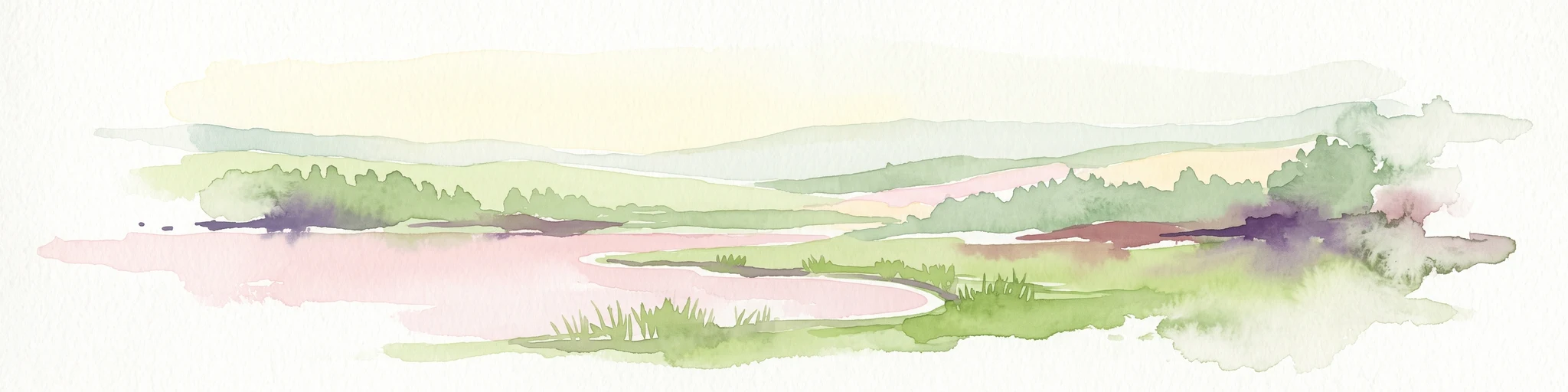 A watercolor painting showing a soft, stylized landscape of rolling hills, grassy meadows, and patches of forest under a light sky.