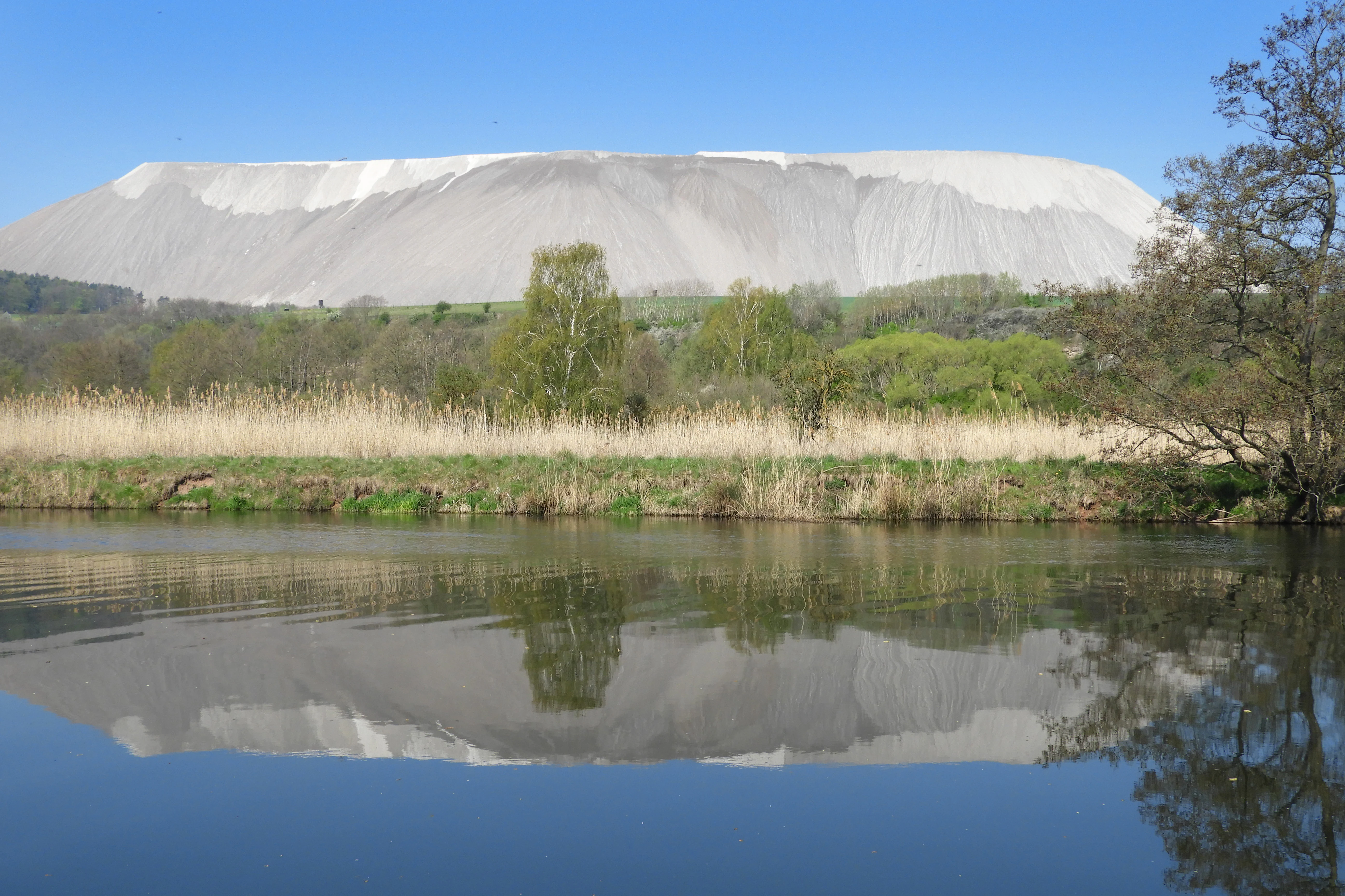 A wide view of a calm wetland reflecting a large, white, flat-topped salt spoil heap in the background under a clear blue sky.