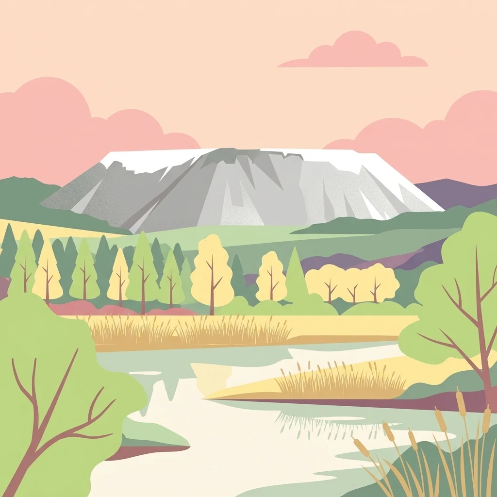 A flat-style digital illustration showing a snowy mountain peak in the background, a green forest in the midground, and a winding river with reeds in the foreground.