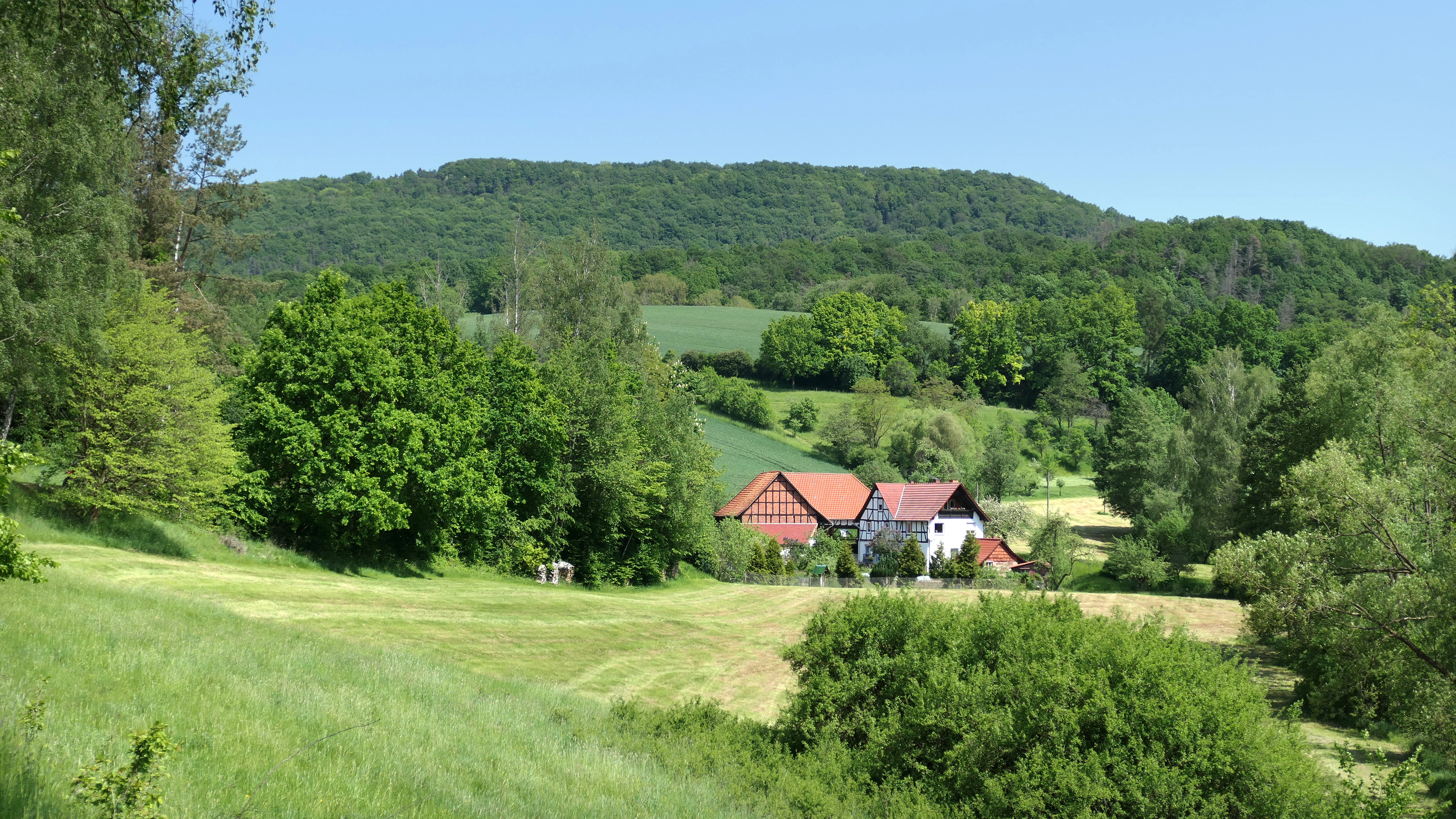 A green, rolling landscape with a forested hill in the background and a traditional half-timbered house nestled in the valley.