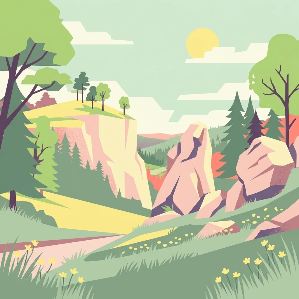 Una ilustración vectorial plana que muestra un paisaje montañoso y soleado con acantilados de piedra caliza, árboles de hoja perenne y una pradera herbosa en primer plano.