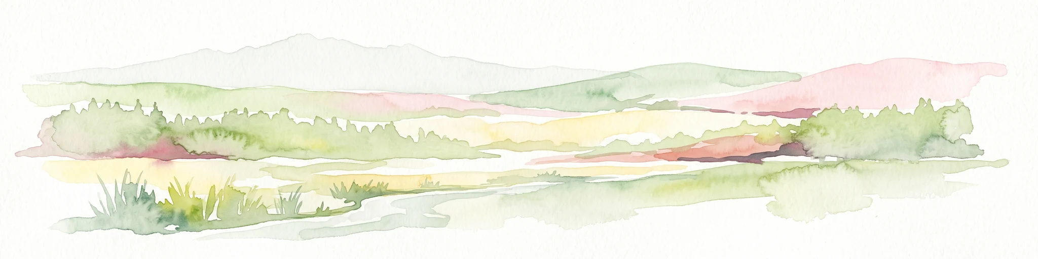 A horizontal watercolor illustration depicting gentle rolling hills, grassy meadows, and distant mountain silhouettes in muted pastel tones.