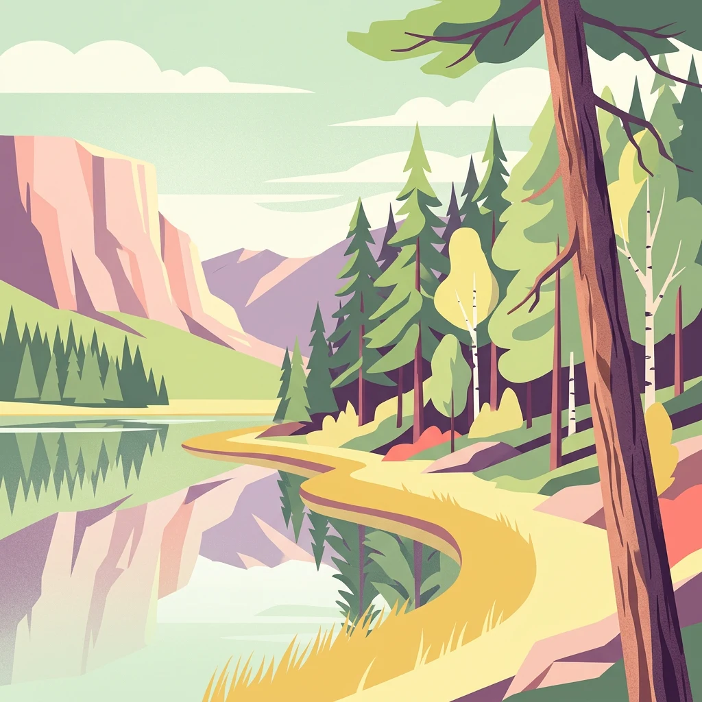 Ilustración estilizada de un lago que refleja montañas y árboles con un sendero sinuoso