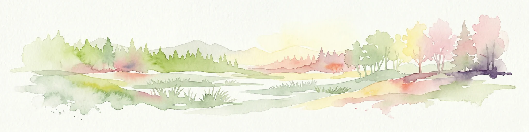 Ilustración en acuarela de un paisaje con colinas, un lago, árboles y una puesta de sol