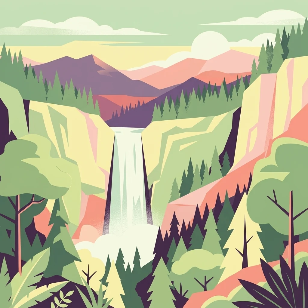 A flat-style digital illustration showing a vertical waterfall cascading between rocky cliffs and pine forests with mountains in the background.
