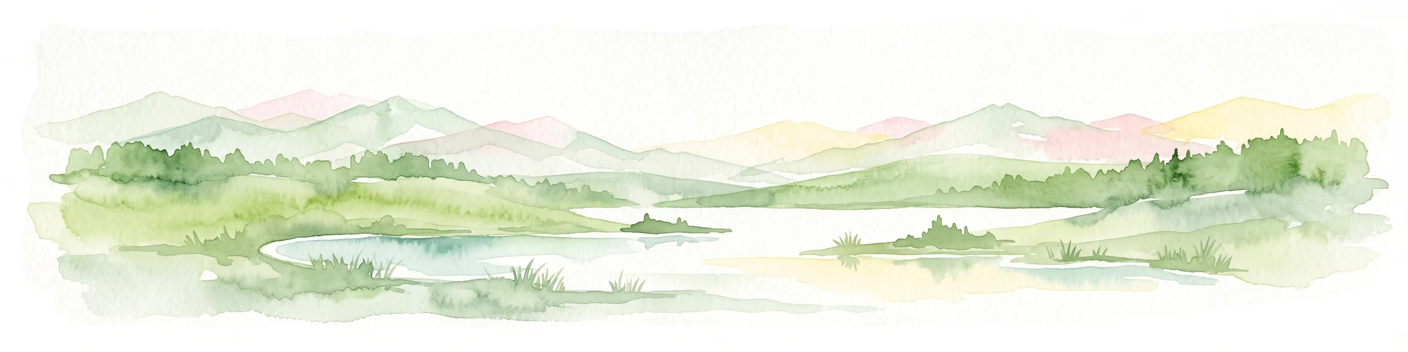 A watercolor illustration of a rolling, green landscape with distant, faint hills and small ponds or water bodies in the foreground.