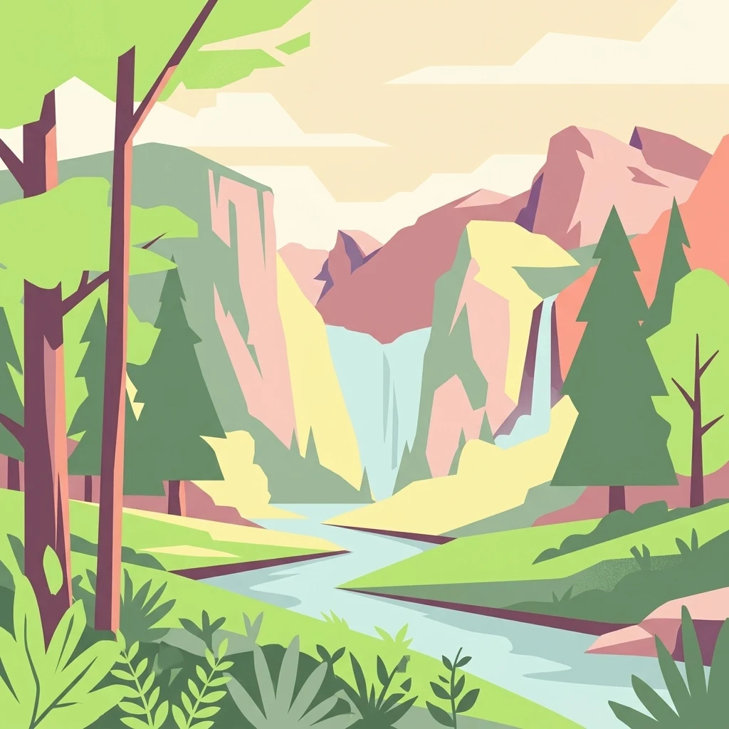 A flat-style digital illustration showing a mountain valley with a river winding through the center, pine trees in the foreground, and a small waterfall on the right.