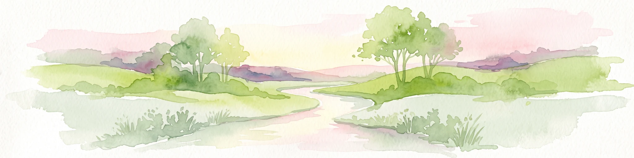 A watercolor illustration of a gentle valley landscape with rolling green hills, scattered trees, and a small stream meandering through the center.