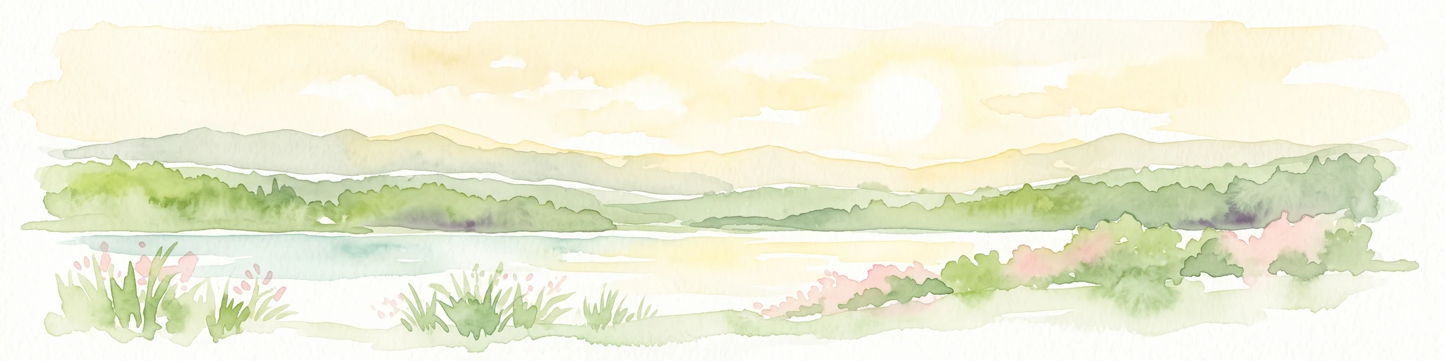 Una suave pintura de acuarela de un paisaje con un lago, colinas bajas y onduladas al fondo, y vegetación herbácea a lo largo de la orilla en primer plano bajo un cielo cálido y amarillo pálido.