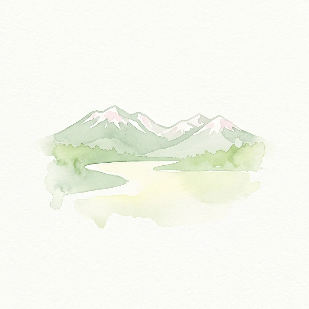 Green mountains with snow-capped peaks and a calm lake depicted in watercolor style