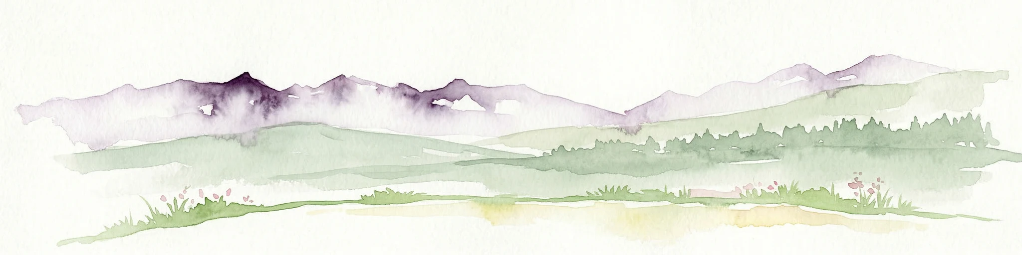 Pintura acuarela de picos montañosos con valles verdes y primer plano cubierto de hierba