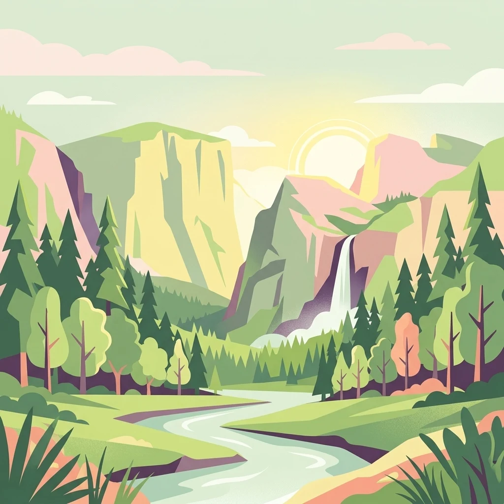 A flat-style digital illustration showing a mountain valley landscape with steep cliffs, a waterfall cascading down the rock face, a winding river in the foreground, and evergreen trees.