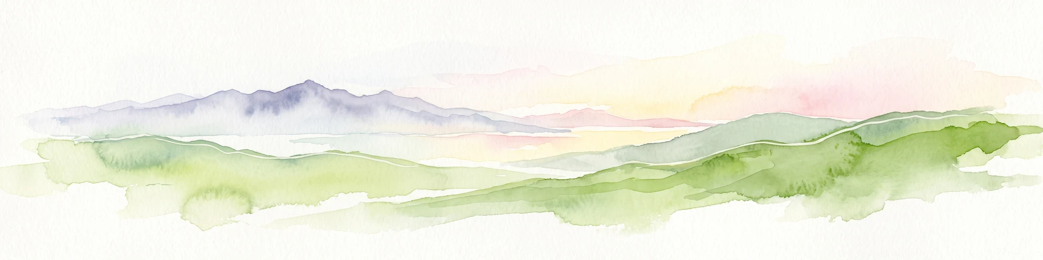 A minimalist watercolor painting featuring soft, light green hills in the foreground and faded, purple-toned mountains in the distant background, all set against a white backdrop.