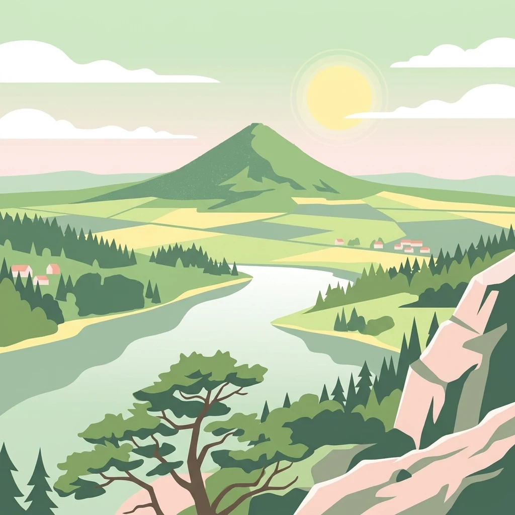 Una ilustración vectorial minimalista y plana que muestra una colina cónica de basalto verde que se eleva sobre un valle con un río, bosques y pequeños asentamientos rurales bajo un sol suave.