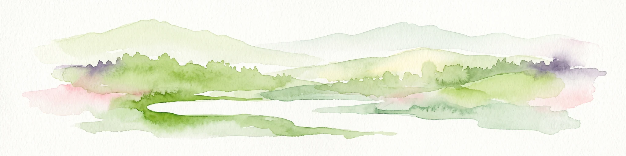 Una ilustración en acuarela de colinas onduladas y un paisaje verde con un estilo suave y abstracto.