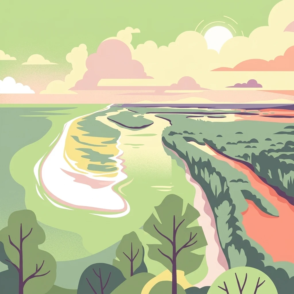 A stylized, flat-design illustration of a coastal mangrove estuary at sunset, featuring calm tidal channels, lush green vegetation, and soft pastel-colored clouds.