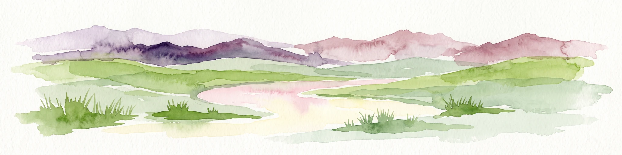 A horizontal watercolor painting showing a range of purple and reddish-toned mountains in the distance, behind rolling green fields and a pale pinkish waterway in the foreground.