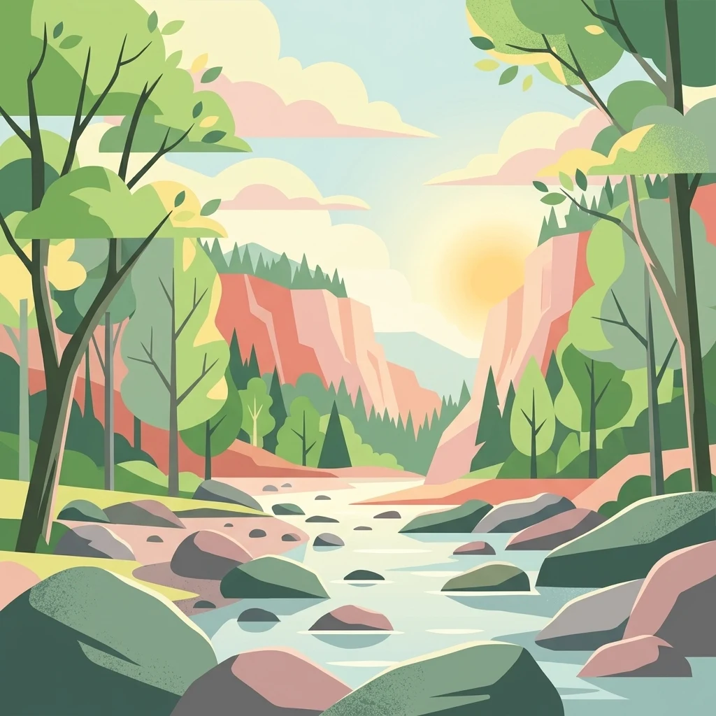 Una ilustración digital de estilo plano que representa un río rocoso que fluye a través de un valle boscoso con acantilados y un amanecer dorado al fondo.