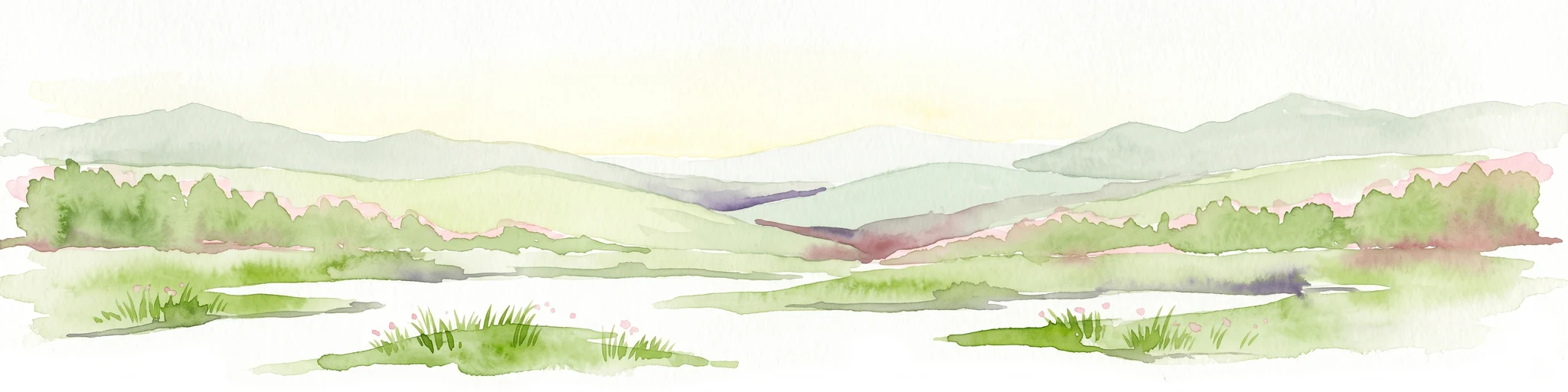 Una ilustración minimalista en acuarela que muestra suaves colinas verdes y llanuras herbáceas en una composición panorámica.