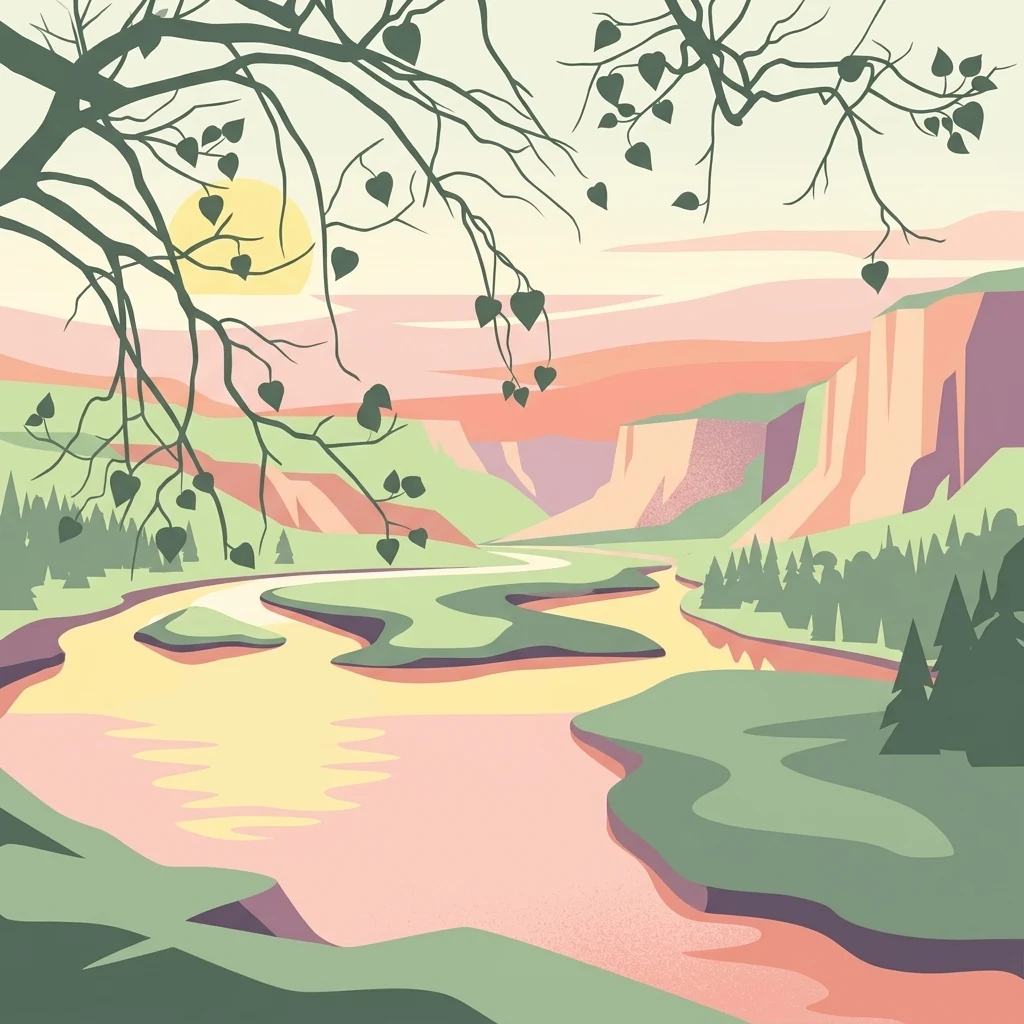 An illustrative style image of a winding river flowing through a lush valley at sunset, framed by overhanging tree branches.