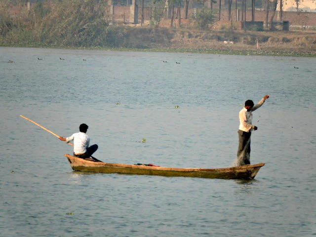 Two people in a small wooden boat on the Ropar Wetland in Punjab, India; one sits at the stern steering with a pole while the other stands near the bow.