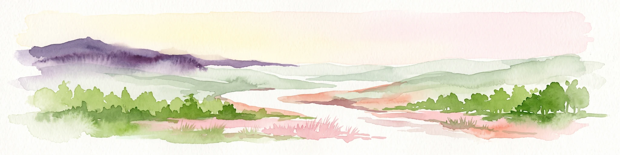 A horizontal watercolor painting depicting a meandering river passing through green wetlands and low-lying hills with a soft, misty background.