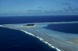 Vista aérea del Refugio Nacional de Vida Silvestre Rose Atoll, con una pequeña isla central rodeada por una laguna y el océano
