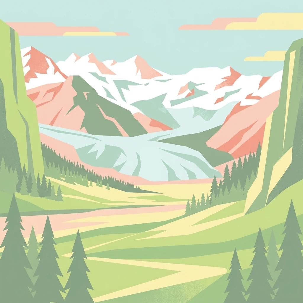 Una ilustración digital de estilo plano de un valle alpino con un glaciar al fondo; árboles de hoja perenne bordean la base de laderas rocosas que conducen a un paso de montaña.