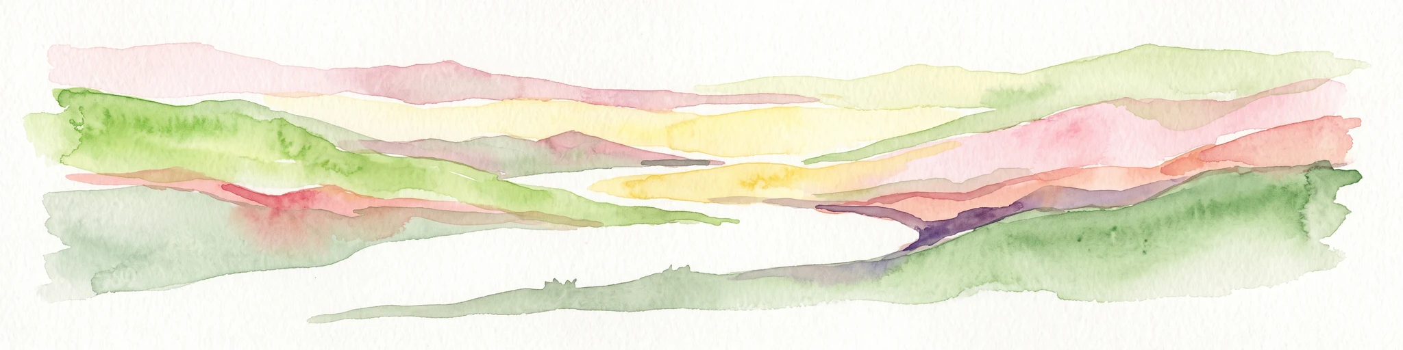A horizontal watercolor illustration showing stylized, overlapping mountain ridges in shades of soft green, pink, and yellow against a white background.