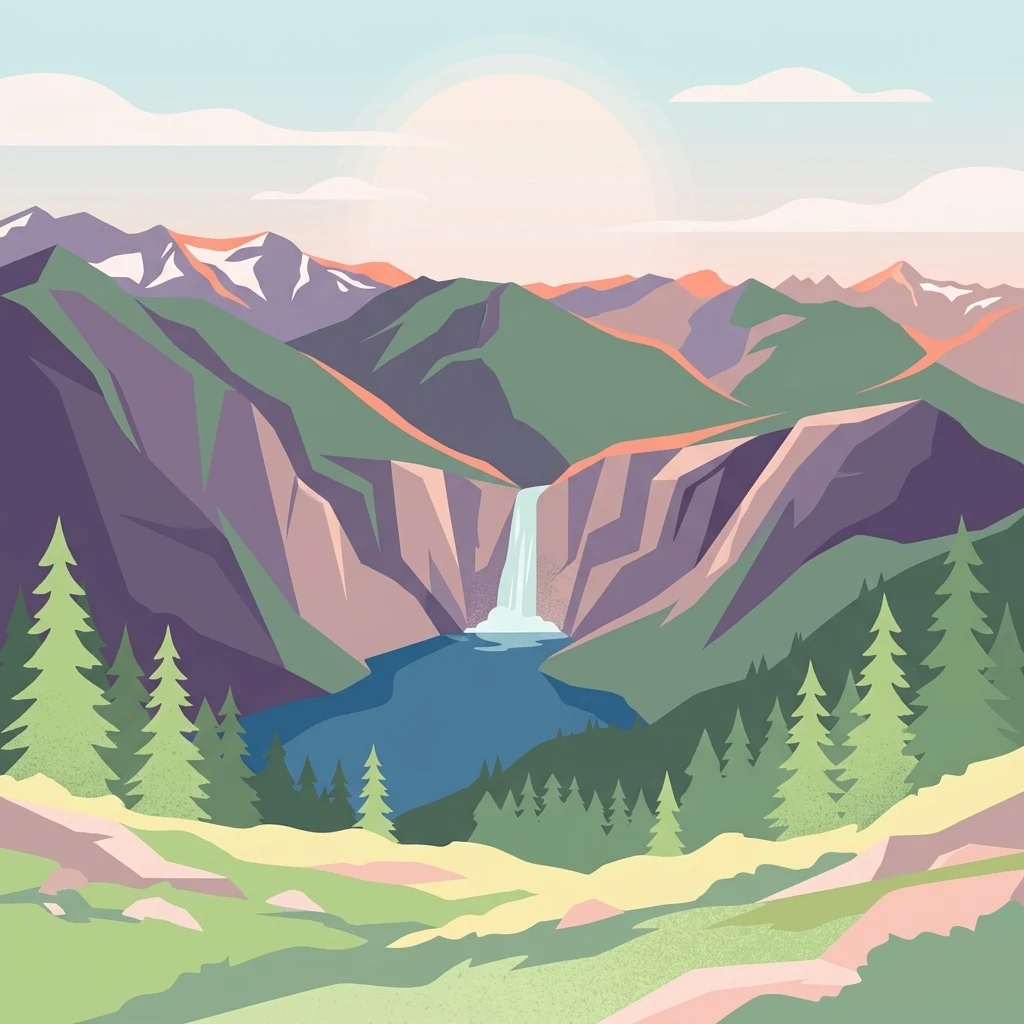 A stylized digital illustration of a mountain range with snowy peaks, a central waterfall flowing into a blue lake, and a foreground of coniferous trees and grassy hills at sunrise.