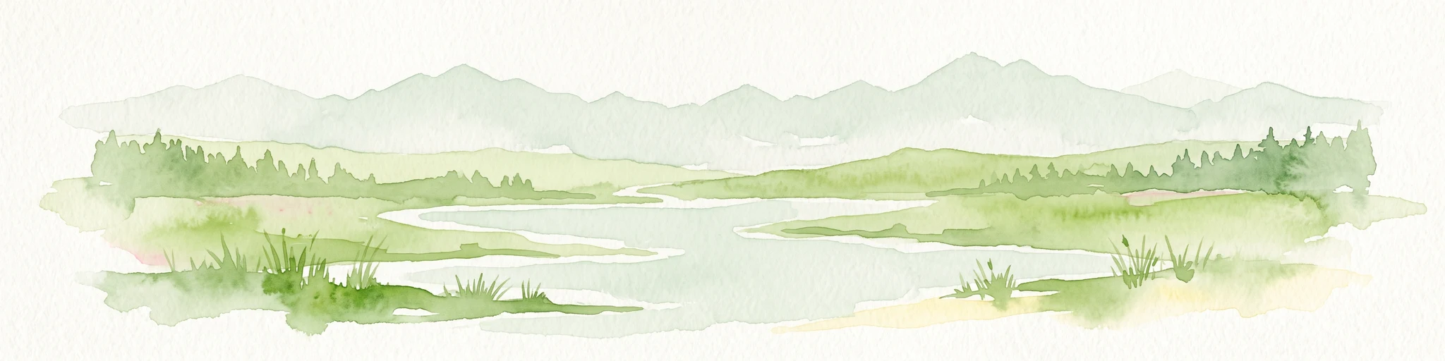 A soft watercolor painting of a calm river or lake flowing through a green meadow with a forest and mountain range in the background.