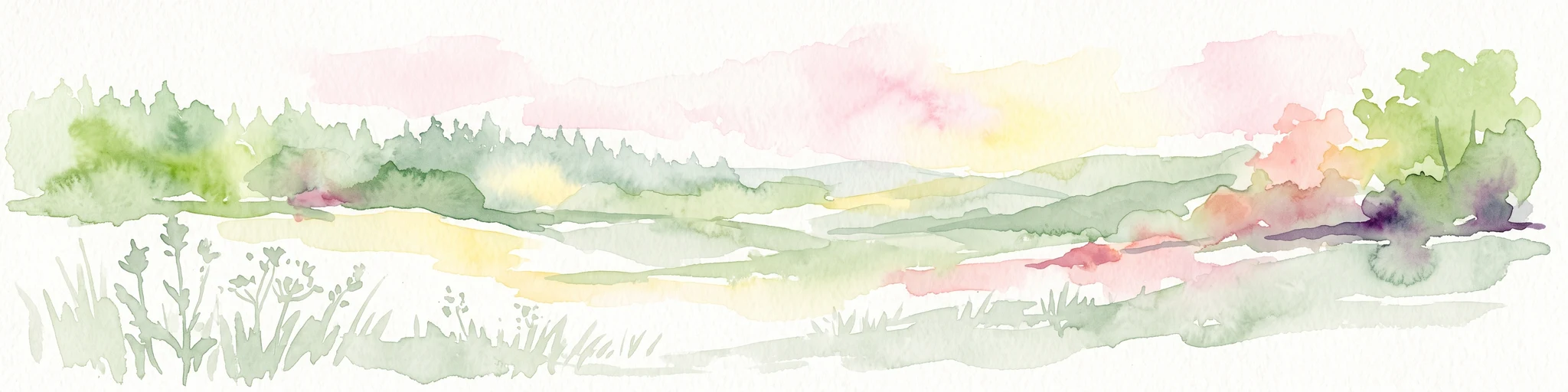 A horizontal watercolor painting depicting a soft-toned, rolling landscape with green meadows, distant tree lines, and a light-filled sky.