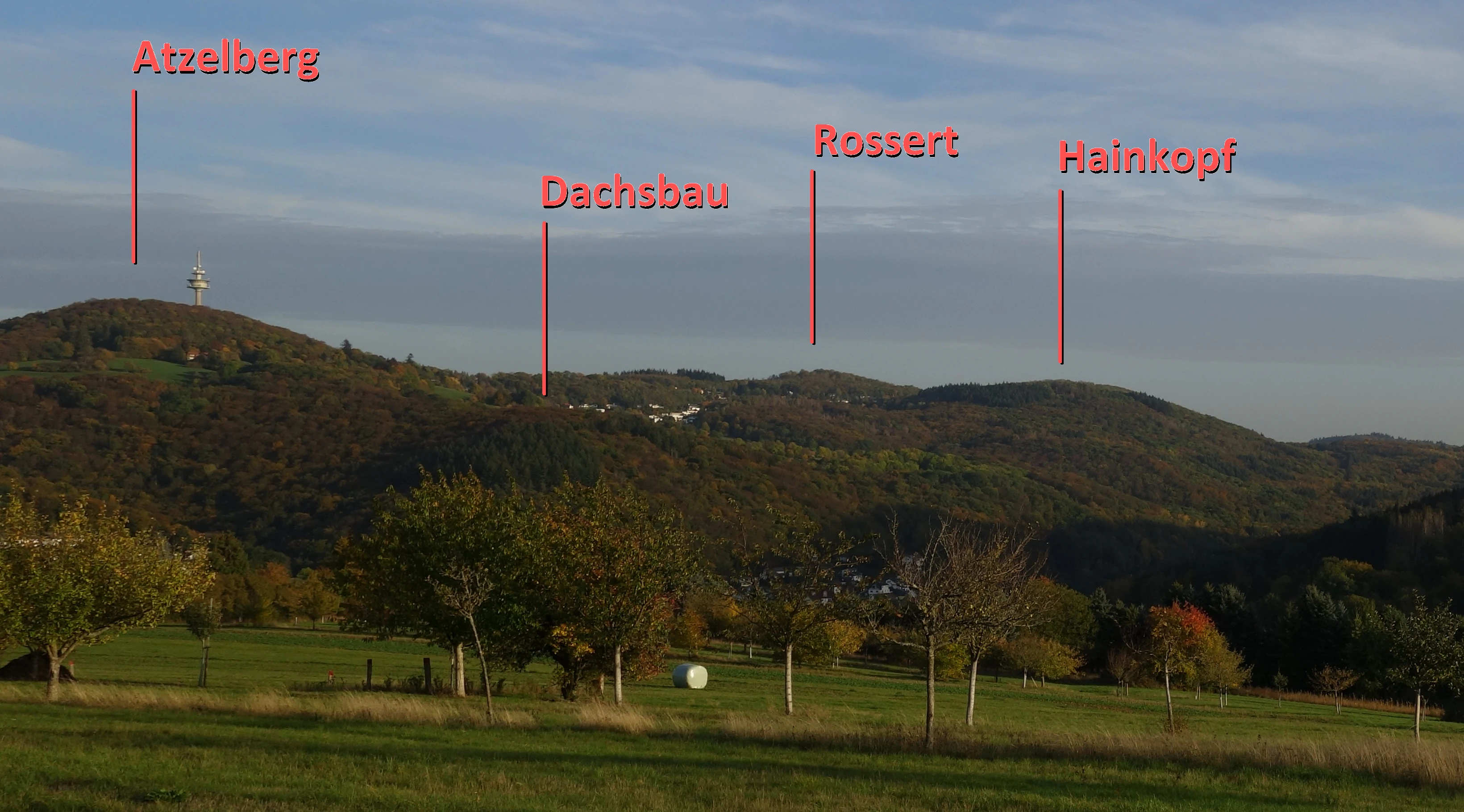 A distant view of forested hills with labels overlaying the peaks: Atzelberg, Dachsbau, Rossert, and Hainkopf. A grassy field and some trees are in the foreground.