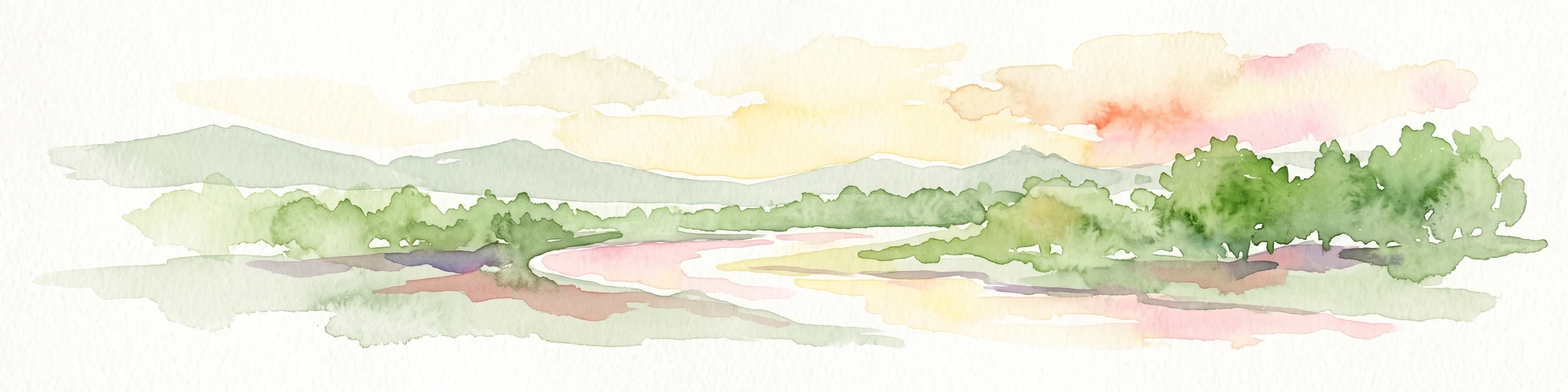 A soft watercolor painting depicting rolling green hills and a forested landscape under a pale, sunrise-hued sky.