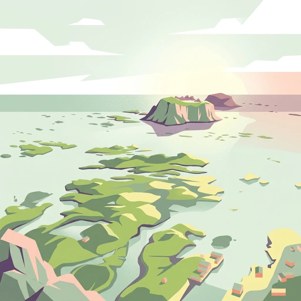 A digital illustration showing an aerial view of an archipelago with green islands surrounded by light blue water, with small buildings visible on the shore and a prominent larger island in the distance.