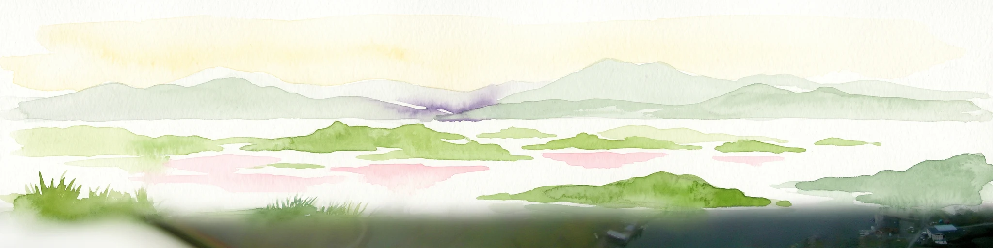 A soft watercolor painting of a series of small, green islands set in a pale, reflective sea with low, misty mountains in the distance.