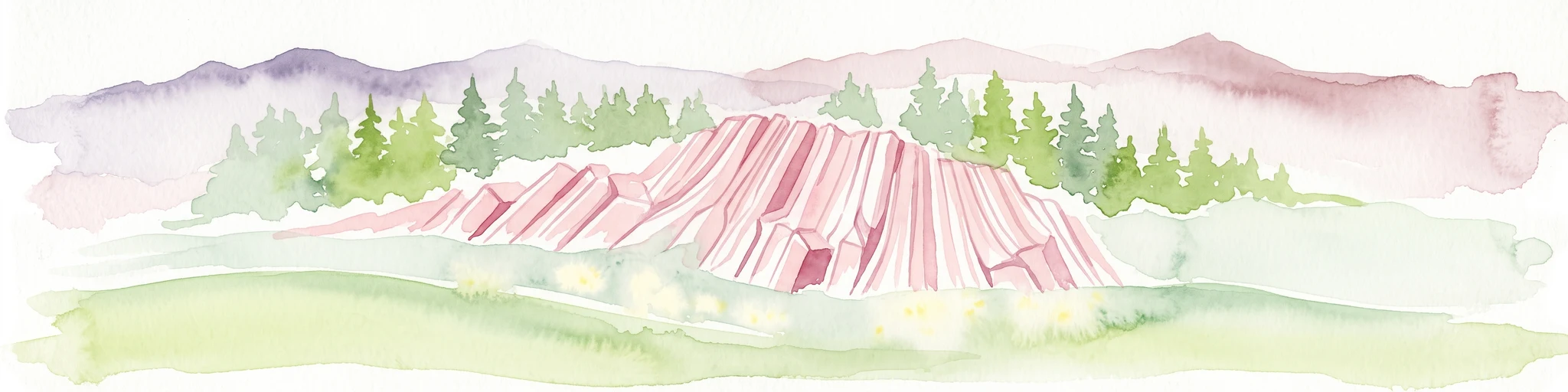 Watercolor painting of columnar basalt formations surrounded by a pine forest and soft, layered hills in the background.