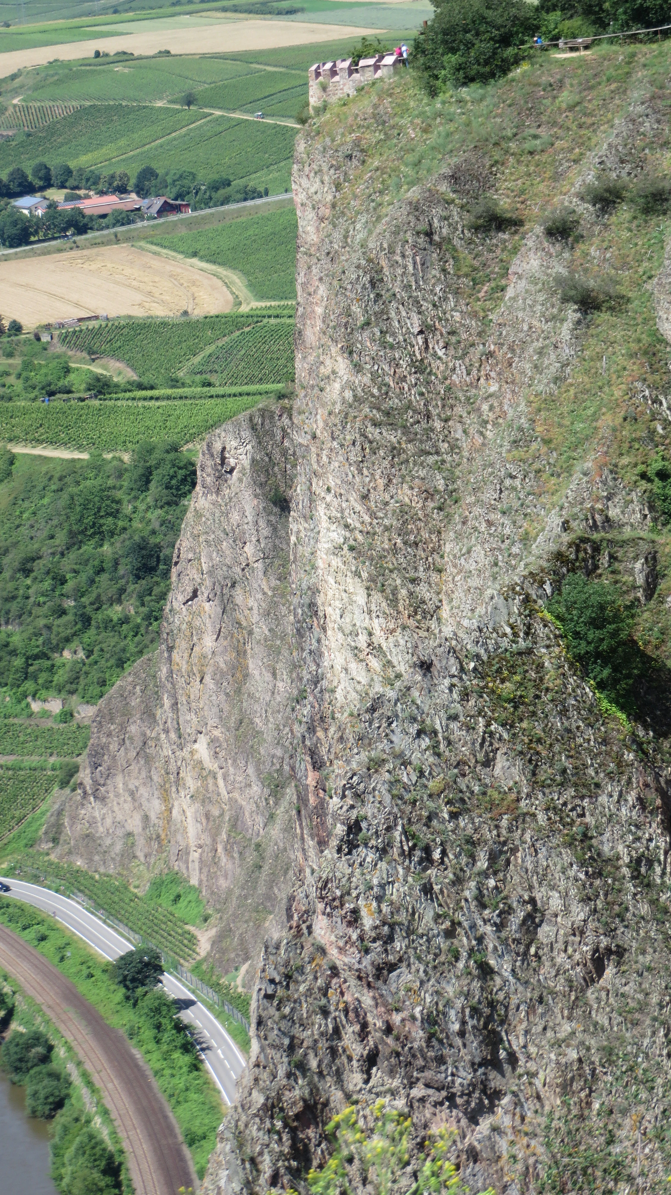A high angle view looking down at the massive, textured vertical cliff face of the Rotenfels, with green vineyards, a road, a railway track, and the river winding through the valley below.