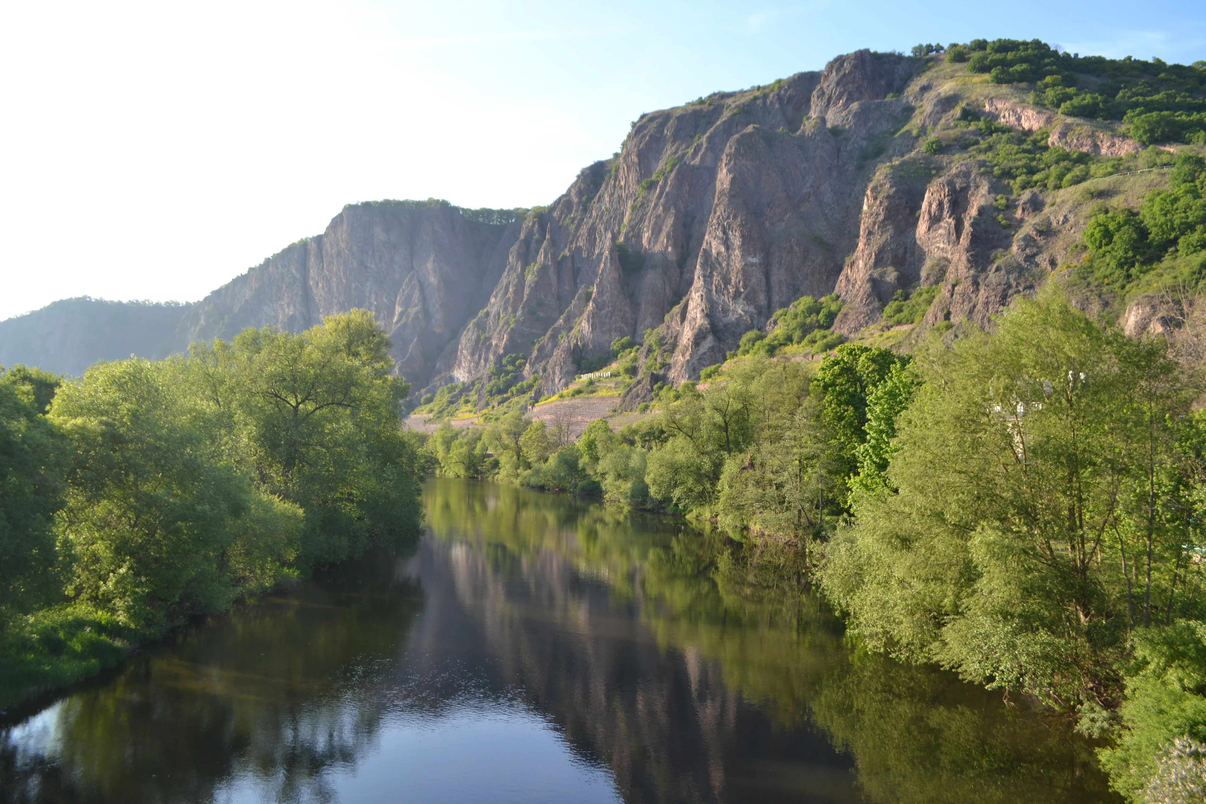 A wide view of the Rotenfels mountain massif showing a high, sheer cliff face covered with vegetation, overlooking the dark, reflective waters of the Nahe river lined with green trees.